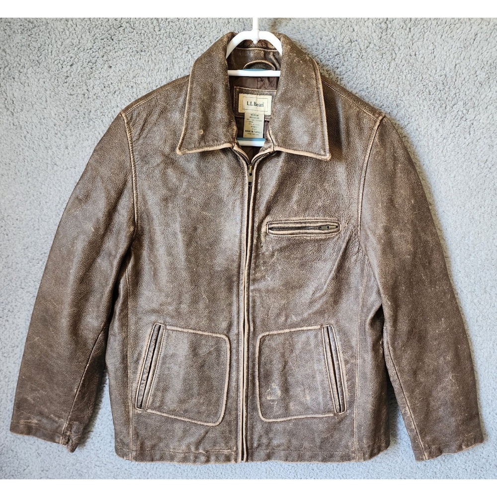 L.L. Bean Leather Jacket Womens Medium Brown Distressed Full Zip Quilted Lining